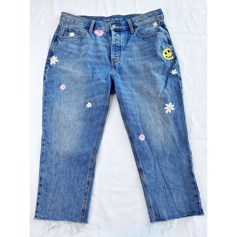 Old Navy High-Rise Slouchy Straight Embroidered Jeans 14 Petite Blue Floral Sun